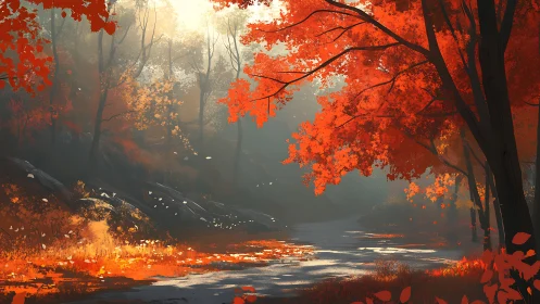 Autumn Forest Stream with Crimson Canopy Silhouettes and Diffused Atmospheric Lighting