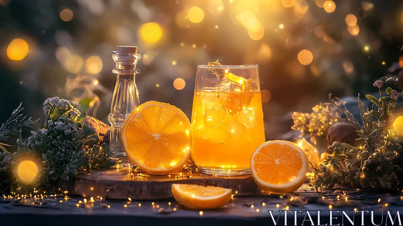 Golden Hour Citrus Still Life with Luminous Beverage Display