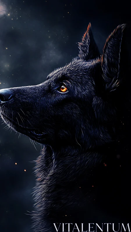 Dark canine profile against starry, smoky night sky.