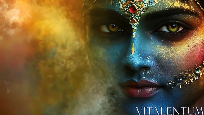 Mythic blue goddess face emerges from swirling golden mist.