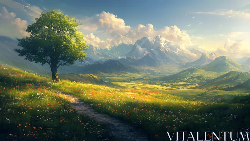 Sunlit alpine valley path with flowering meadow foreground