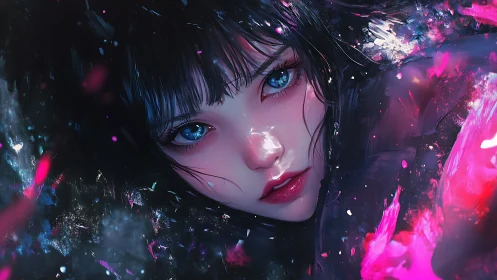 Digital portrait shows close-up stylized face with blue eyes