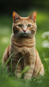 Orange Tabby Cat Stares Forward in Green Garden Setting.