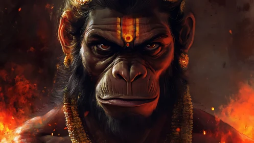 Mythic simian warrior framed by embers and shadowed fire