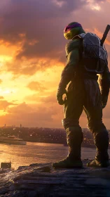 Heroic turtle guardian watching a glowing city sunset.
