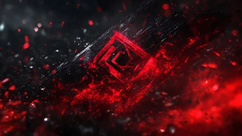 Red fracturing emblem in high-contrast abstract space.
