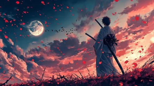 Moonlit swordsman quietly rewrites the wind with falling leaves