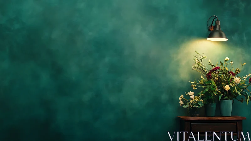 Luminous Still Life: Teal Wall Interior with Pendant Lighting.