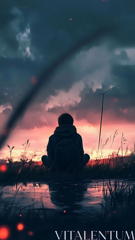 Solitary teen watches stormlit sunset over quiet field
