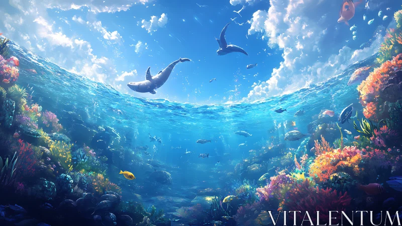 Sunlit coral reef stretches beneath leaping dolphins