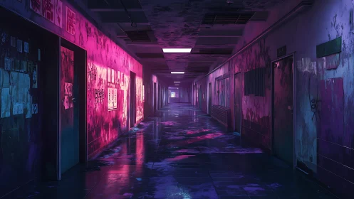 Neon-stained abandoned corridor humming with midnight echoes.