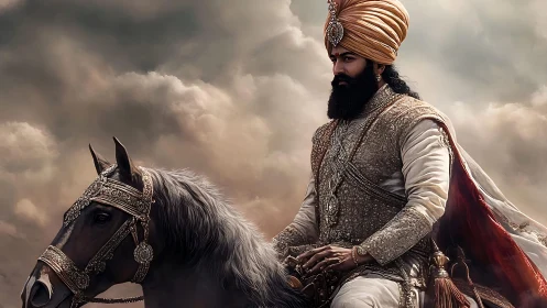 Regal mounted warrior in jeweled armor beneath stormlit sky