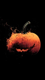 Splashing jack-o’-lantern glowing in inky black night.