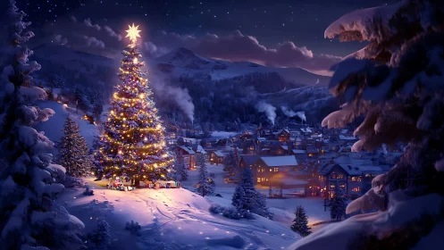 Starlit alpine Christmas tree guarding a glowing winter village.