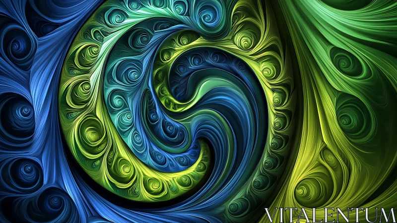 Swirling fractal vortex blends blue and green luminescent waves.