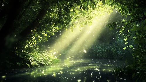 Sunbeams pour secrets into a quiet emerald forest pool