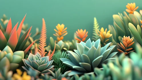 3D stylized succulent garden in soft teal and coral palette