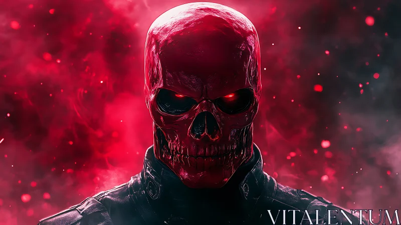 Red skeletal humanoid figure stands in dense illuminated smoke