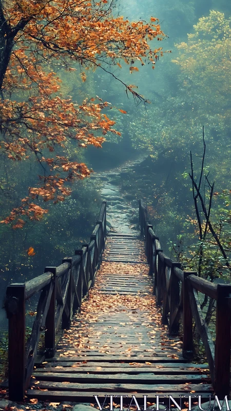 Misty woodland bridge inviting quiet autumn wanderings.