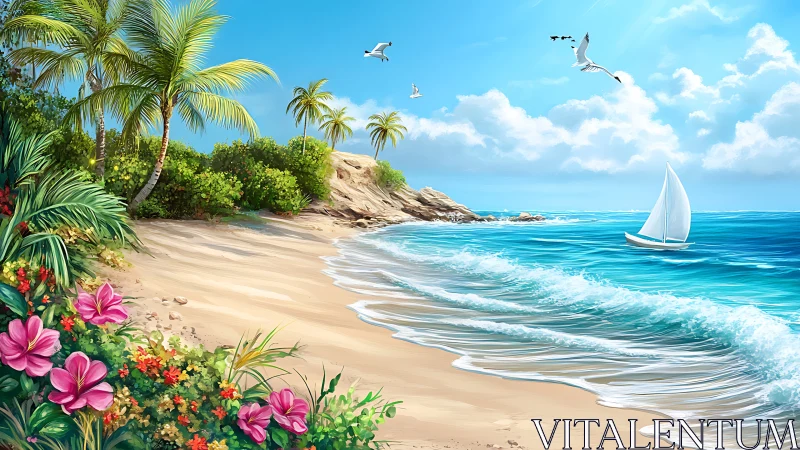 Sunlit tropical shore with sailboat and blooming foreground.