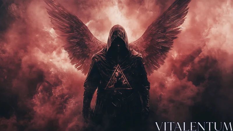 Hooded fallen angel emerges from blood-red swirling smoke