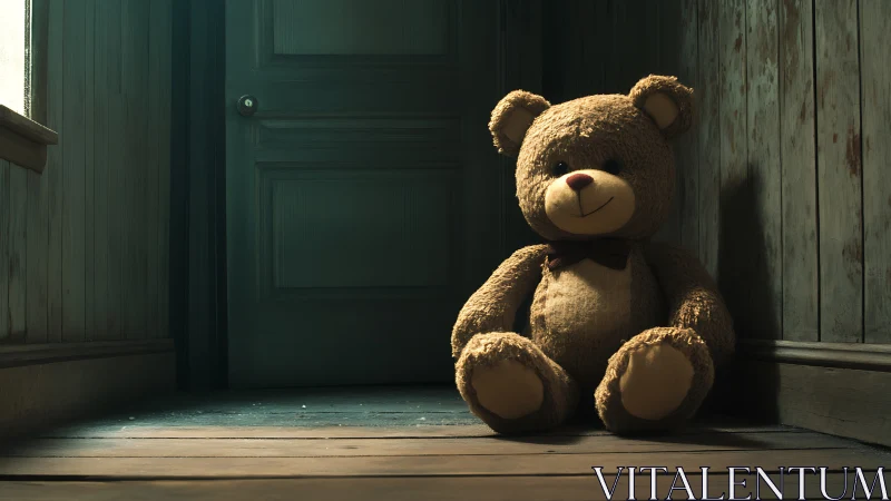 Stuffed teddy bear on wooden floor near closed door.