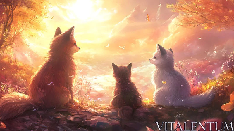 Luminous sunset trio of foxes in atmospheric digital tableau.