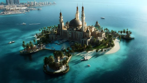 Ornate Mosque on Turquoise Island Paradise with Modern Skyline