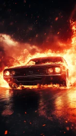 Vintage Muscle Car Engulfed in Flames and Sparks.