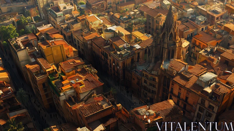 Sunlit terracotta roofs surround gothic city cathedral.