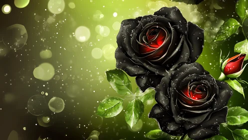 Black Roses with Red Hearts in Luminous Green Bokeh