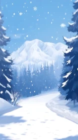 Snowy mountain path under falling snowflakes at dusk.