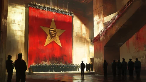 Totalitarian rally under colossal red propaganda banner.