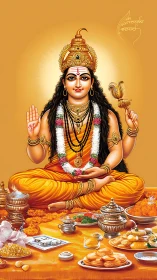 Deity in saffron robes with offerings under radiant halo.