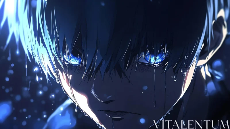 Blue-lit anime portrait captures rain-soaked, intense gaze