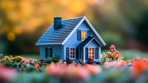 Mini blue cottage glows warmly inside a dreamy flower meadow
