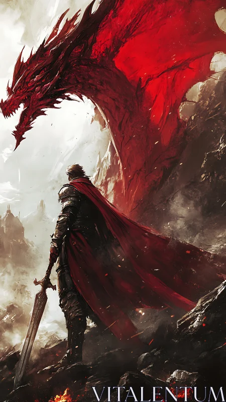 Lone armored knight confronts roaring crimson dragon in ash