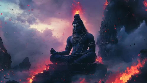 Divine blue deity in meditative pose amid volcanic twilight.