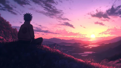 Solitary anime figure contemplates a radiant valley sunset.