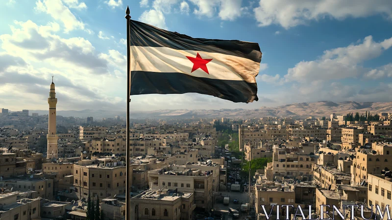 City skyline with star flag waving above dense urban roofs