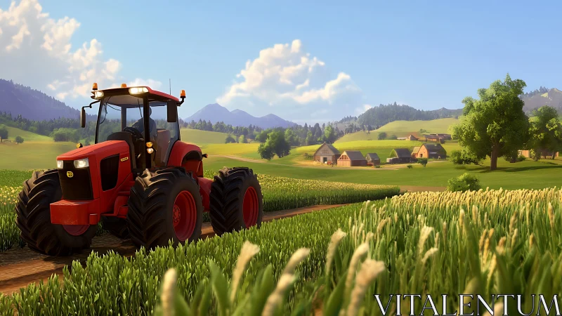 Sunlit red tractor roaming peaceful valley farm fields.