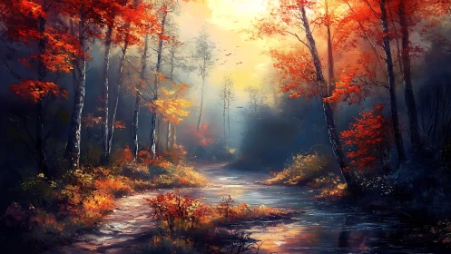 Crimson Forest Glow: Autumn's Luminous River Through Gilded Trees.