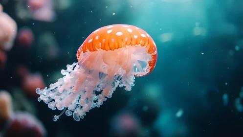 Bioluminescent orange jellyfish in shallow pelagic seawater column