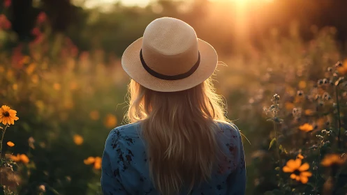 Backlit straw-hatted figure in shallow-depth floral field study.