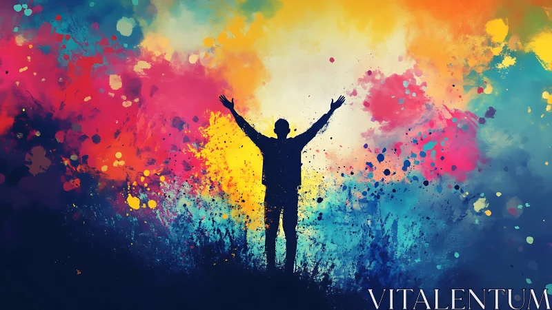 Silhouette stands before multicolored radial paint explosion