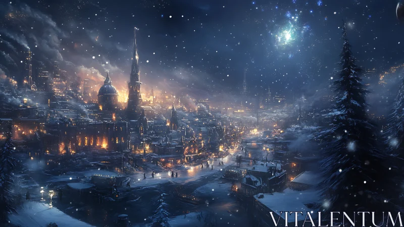 Snowy industrial city at night with glowing warm lights.