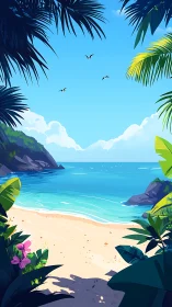 Paradise Beach: Tropics Framed by Palm Fronds and Azure Waters.