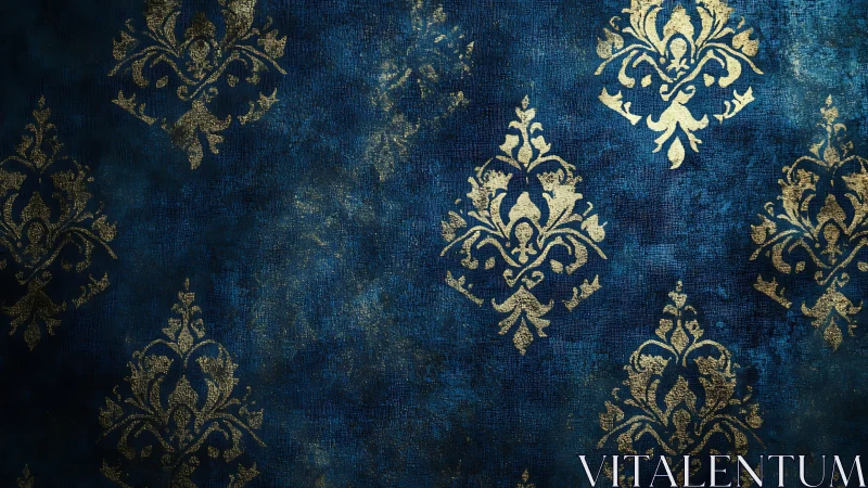Ornate gold damask glows over textured midnight blue backdrop.