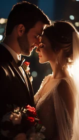 Romantic bridal couple embrace under warm city lights.