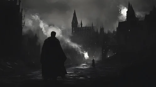 Midnight wanderer crosses a ruin-lit gothic smoke kingdom